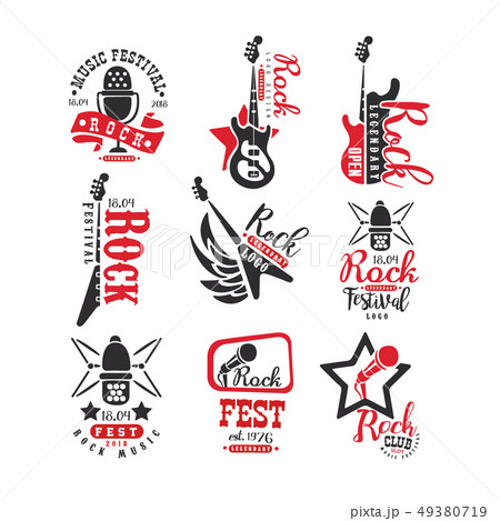 Rock club vintage style logo set, label for rock music fest vector Illustrations on a white Rock club vintage style logo set, label for rock music fest vector Illustrations on a white 49380719