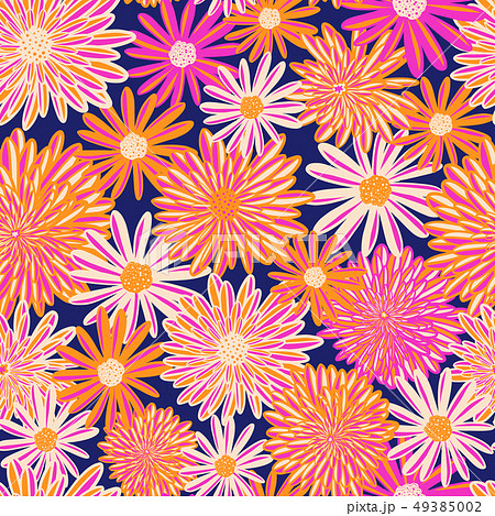 Bright Summer flowers seamless vector pattern. Pink orange white Daisy and Aster flowers on blue 49385002