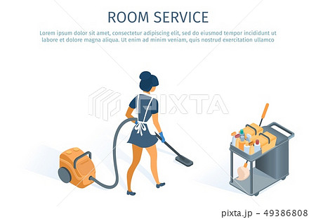 Room Service Concept Cleaning Trolley and Maid 49386808