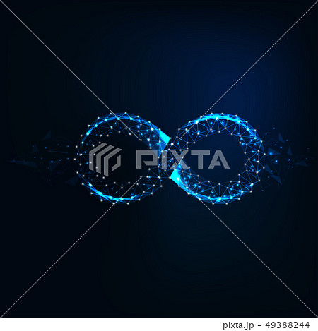 Futuristic glow low polygonal infinity sign made of stars, lines, triangles on dark blue background. Futuristic glow low polygonal infinity sign made of stars, lines, triangles on dark blue background. 49388244