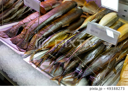 Variety of sea fishes on the counter. 49388273
