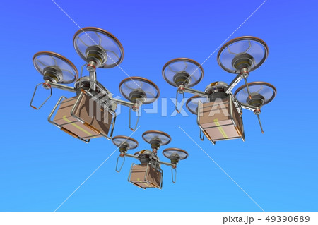 ドローン配達イメージ(編隊飛行・空バック) 49390689