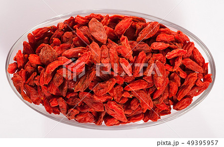 Top view of dried goji berries in glass bowl Top view of dried goji berries in glass bowl 49395957