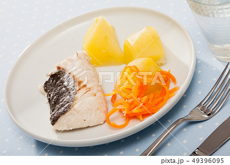 Pollock prepared on steam. Diet food 49396095