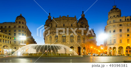 Night light of The Ferrari Square with fountain in Genoa of Italy 49396381