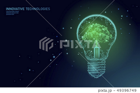 Light Bulb lamp saving energy ecology concept. Polygonal light blue tree inside electricity green 49396749