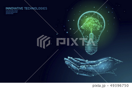 Hand holding light Bulb lamp saving energy ecology concept. Polygonal light blue sprout small plant Hand holding light Bulb lamp saving energy ecology concept. Polygonal light blue sprout small plant 49396750
