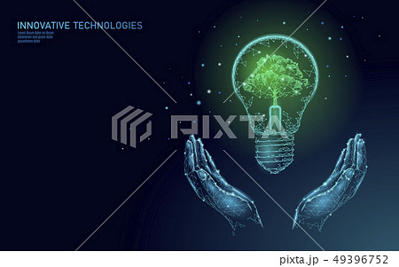 Two hands carrying light Bulb lamp saving energy ecology concept. Polygonal light blue sprout small 49396752