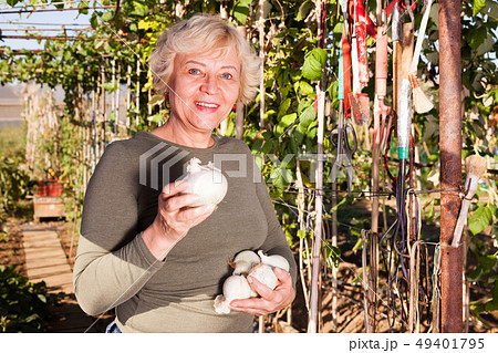 Woman showing onion in garden Woman showing onion in garden 49401795