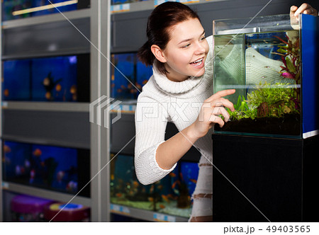 Girl looking at young fishes in aquarium Girl looking at young fishes in aquarium 49403565