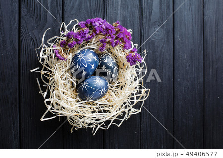 Hand painted dark blue easter eggs in nest and 49406577