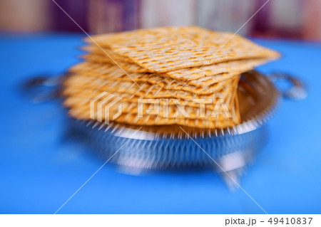 Matzo for Passover with metal tray on table 49410837