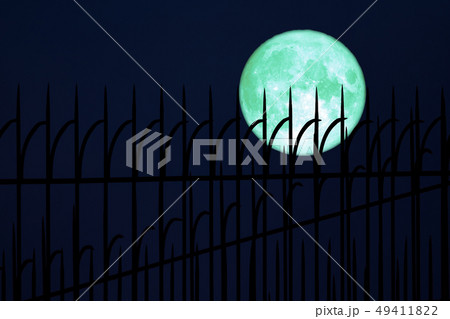 full egg moon back on silhouette Iron fence on 49411822