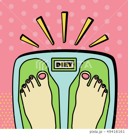 Feet of woman on weighting scale, diet word 49416161