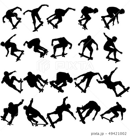 Set ilhouettes a skateboarder performs jumping Set ilhouettes a skateboarder performs jumping 49421002