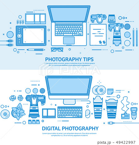Photography tools, photo editing and photoshooting. Digital photocamera with lens. Flat blue outline Photography tools, photo editing and photoshooting. Digital photocamera with lens. Flat blue outline 49422997