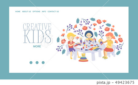 Creative kids banner vector illustration. Girls and boys drawing, painting, cutting paper, sketching 49423675