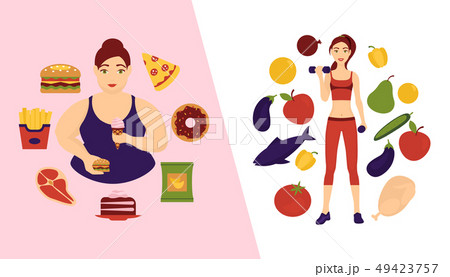 Food choice concept banner vector illustration. Two girls with healthy and fresh vegetables and 49423757