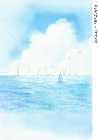 夏の空 海 ヨット 水彩イラスト ブルーのイラスト素材