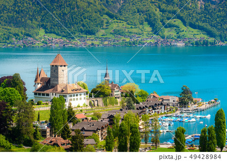 Landscape of Spiez castle on lake Thun in Bern, Landscape of Spiez castle on lake Thun in Bern, 49428984