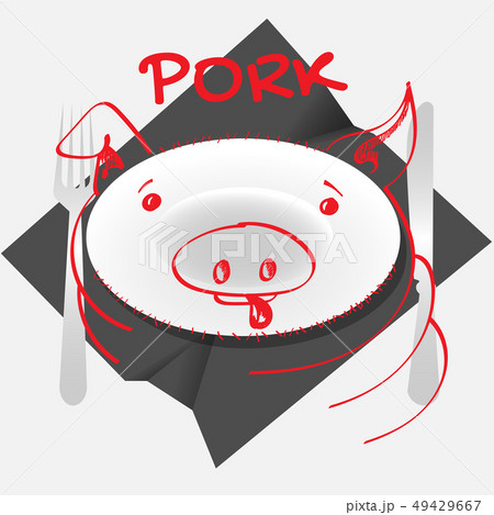 Logo of pork dishes with a plate in the form of a pig's head and cutlery on a crumpled napkin Logo of pork dishes with a plate in the form of a pig's head and cutlery on a crumpled napkin 49429667