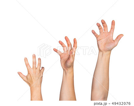 Three male hands fully stretched reaching out to Three male hands fully stretched reaching out to 49432076