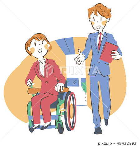 談笑しながら歩く車椅子の女性と男性の若いビジネスマン 49432893