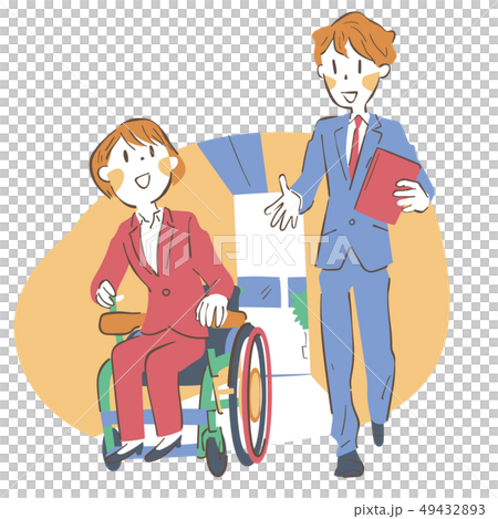 談笑しながら歩く車椅子の女性と男性の若いビジネスマン 49432893