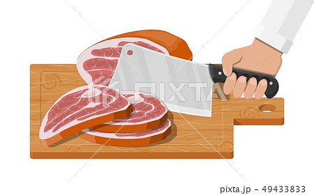 Cutting board, butcher cleaver and piace of meat. 49433833