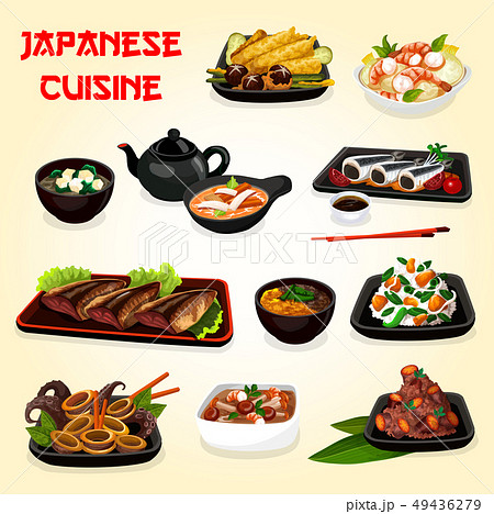 Japanese seafood, veggies dishes with asian sauces 49436279