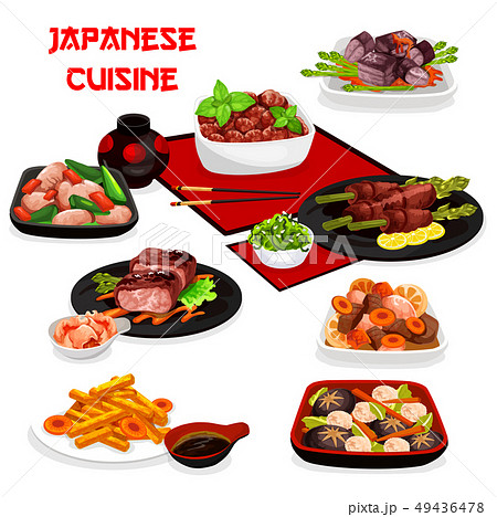 Japanese meat, vegetable dishes with asian sauces Japanese meat, vegetable dishes with asian sauces 49436478