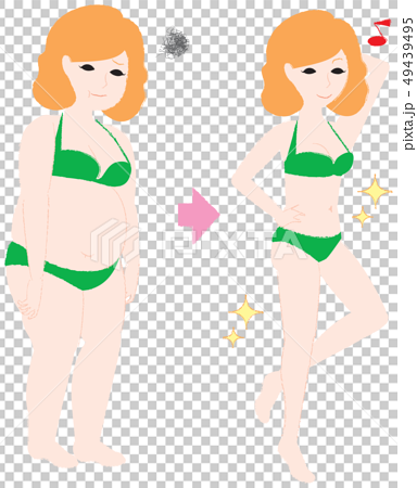 水着を着ている太った女性のダイエット前とダイエット後の劇的大変身のイラスト素材