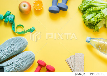 Concept fitness equipment and healthy food Concept fitness equipment and healthy food 49439830
