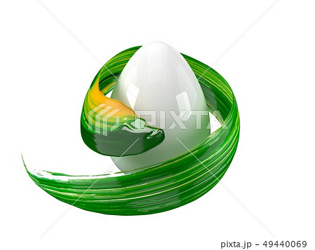 green and yellow mixed paint stroke flowing around easter egg. 3d illustration 49440069