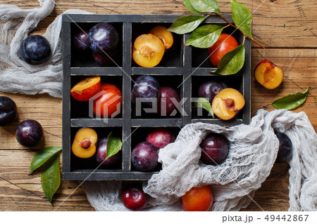 Fresh plums with leaves Stock Photo by katrinshine