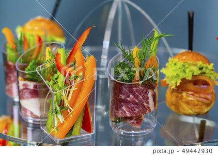 Mini canapes with cheese salads meat and seafood i 49442930