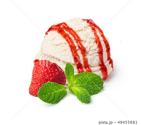 Vanilla ice cream scoop with strawberry sauce Vanilla ice cream scoop with strawberry sauce 49455681