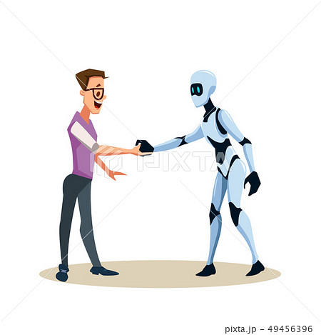 Young Smiling Man In Glasses And Robot Shake Handのイラスト素材
