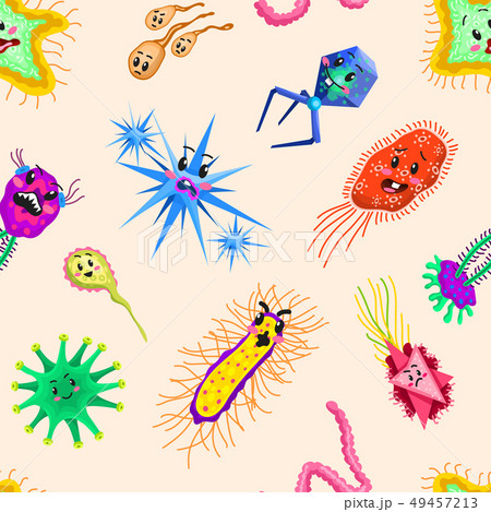 Bacteria characters Seamless pattern. Cartoon Cute germ virus funny infection. Funny bad emotions 49457213