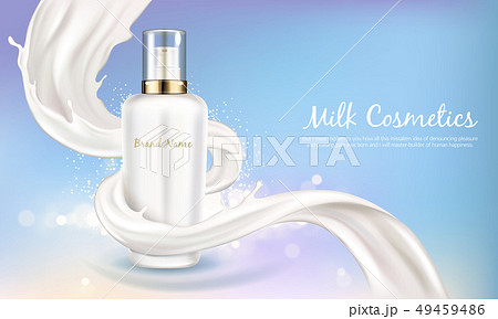 Vector cosmetic banner with white bottle in milk swirl Vector cosmetic banner with white bottle in milk swirl 49459486