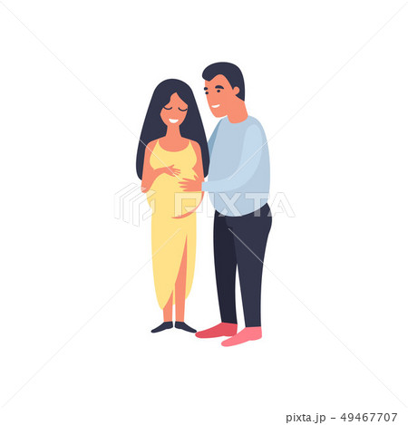 Happy couple. Man hugging pregnant woman and touching her belly. Pregnancy and motherhood. Cute flat 49467707