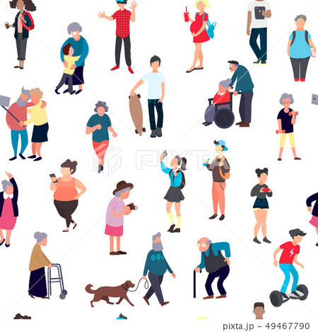 Seamless pattern with cartoon people walking on street. Crowd of male and female tiny characters 49467790