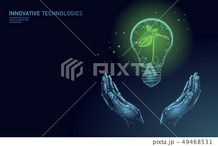 Hand holding light Bulb lamp saving energy ecology concept. Polygonal blue sprout small plant 49468531