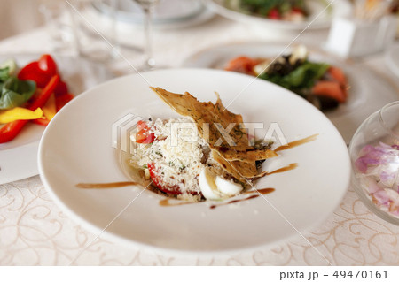 Food on dining table during wedding 49470161
