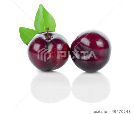 Red cherry plum with leaf isolate on white. 49470248