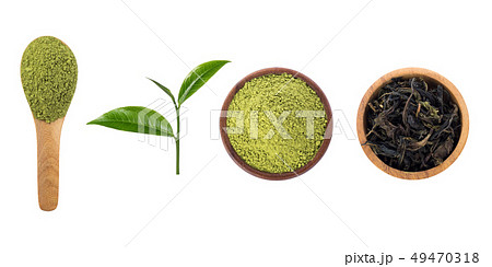Green tea powder with green tea leaves and dried Green tea powder with green tea leaves and dried 49470318