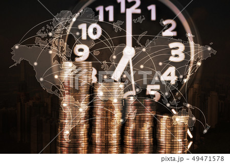 Double exposure of Alarm clock and step of coins Double exposure of Alarm clock and step of coins 49471578
