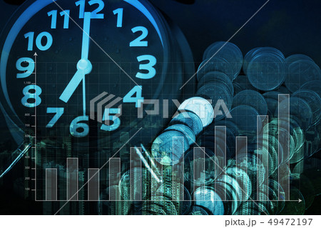 Double exposure of alarm clock and coins stacks 49472197