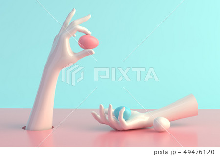 3d render, female hands, minimal fashion background, mannequin body parts with easter eggs 49476120