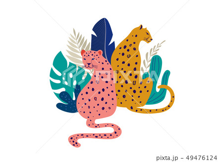 Tropical exotic animals and birds - leopards, tigers, parrots and toucans vector illustration. Wild 49476124